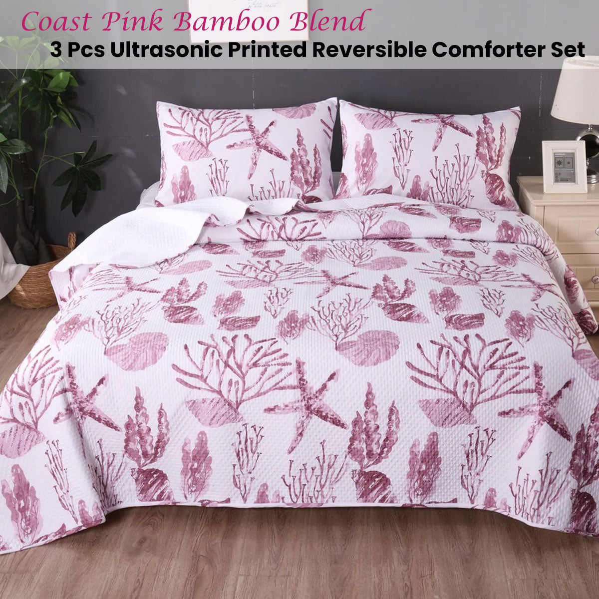 Ramesses Coast Pink 3 Pcs Bamboo Blend Reversible Comforter Set King - SuperSaverAU - view 2