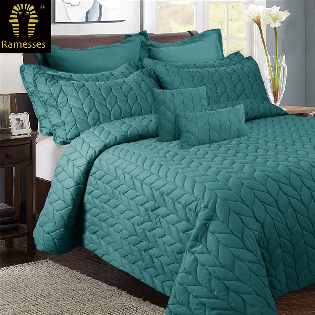 Ramesses 9 Pieces Ultrasonic Comforter Set Teal, Queen, Quilted Design, Lightweight - SuperSaverAU - view 1