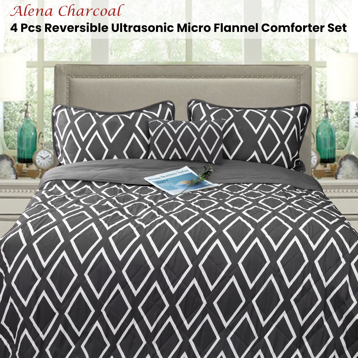 Ramesses Alena Reversible Ultrasonic Comforter Set - Charcoal Queen