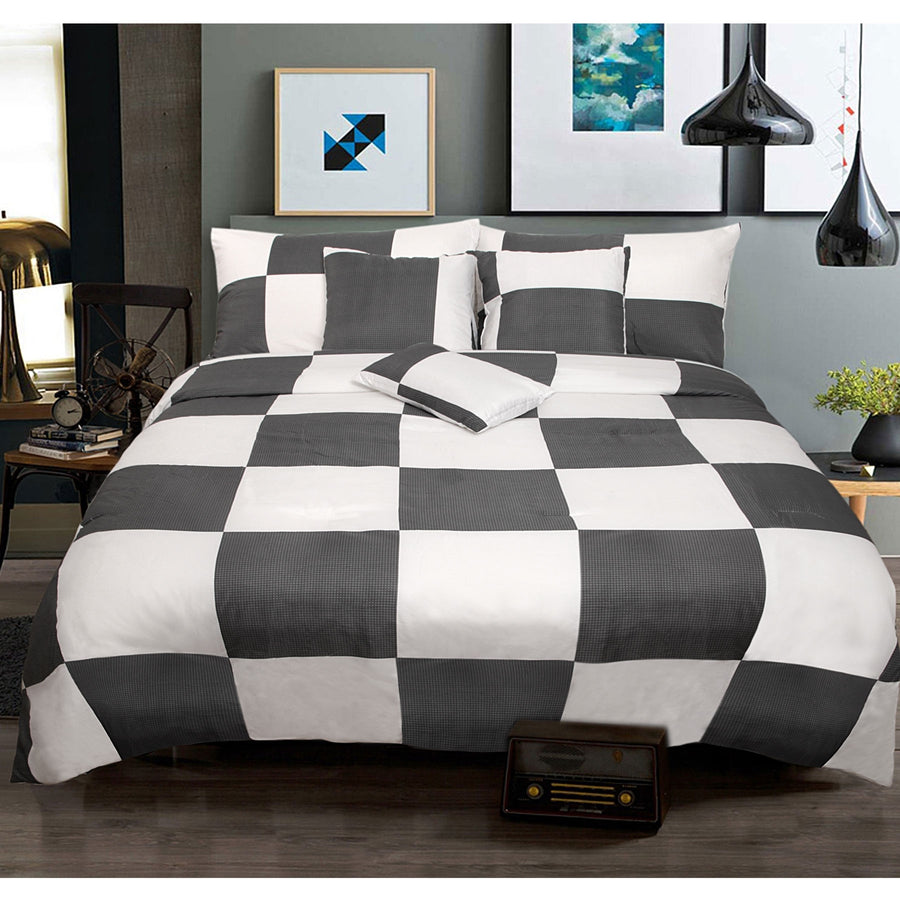 Shangri La 6 Piece Comforter Set Check Charcoal Queen - Quilted Design, Soft Polyester - SuperSaverAU - view 1