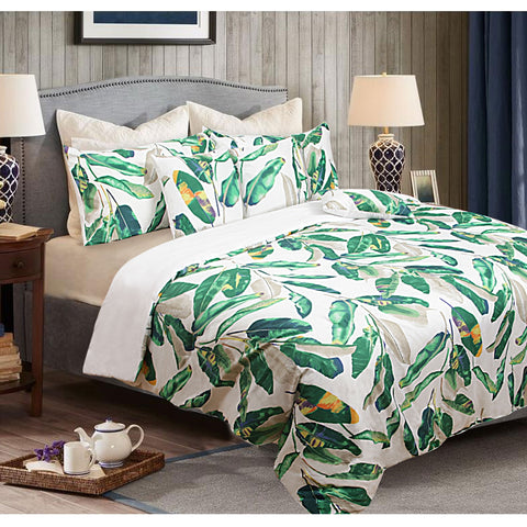 Shangri-La Comforter Set with Quilted Tropical Leaves Print - Green, 6 Piece