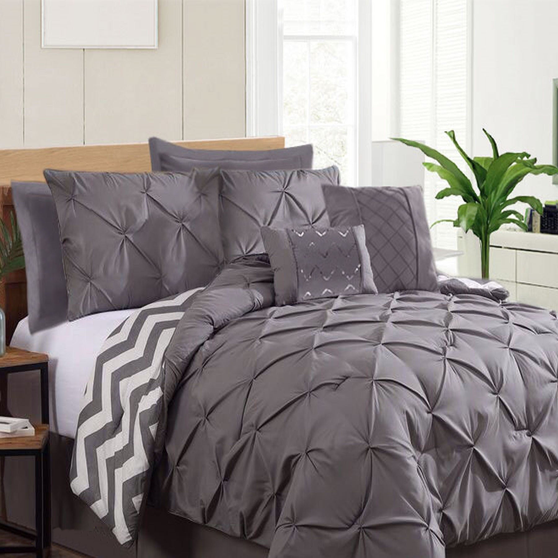 Ramesses 7 Piece Pinch Pleat Comforter Set Charcoal King - Diamond Design, 250gsm Filling - SuperSaverAU - view 1