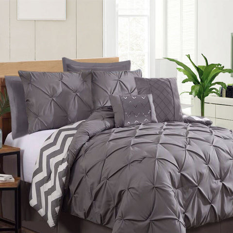 Ramesses 7 Piece Pinch Pleat Comforter Set Charcoal King - Diamond Design, 250gsm Filling - SuperSaverAU - view 1