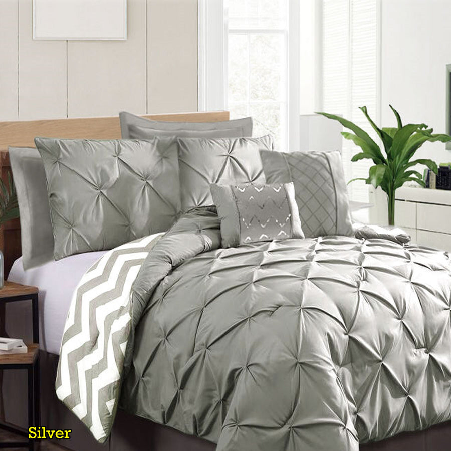 Ramesses 7 Piece Pinch Pleat Comforter Set Silver Queen - Diamond Pleated Design - SuperSaverAU - view 1