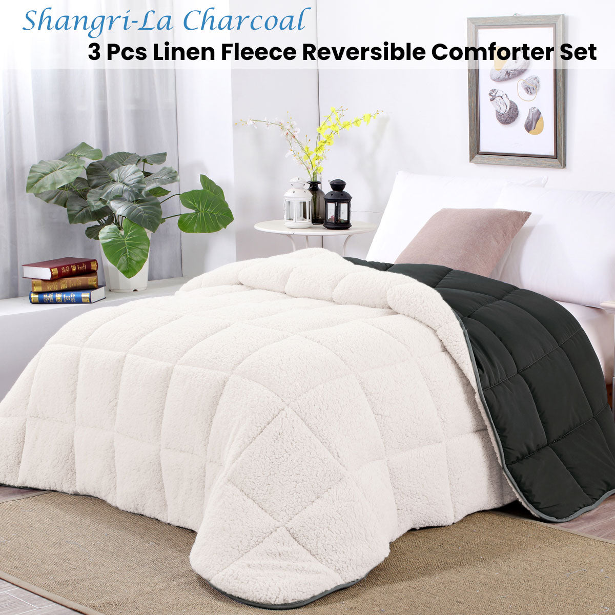 Shangri La Charcoal Sherpa Fleece Reversible 3 Pcs Comforter Set Queen - SuperSaverAU - view 1
