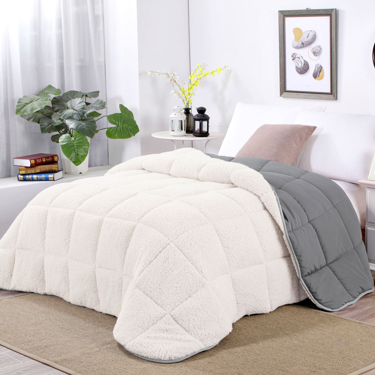 Shangri La Sleet Sherpa Fleece Reversible Comforter Set Queen - 3 Pcs, Cozy Microfiber - SuperSaverAU - view 1