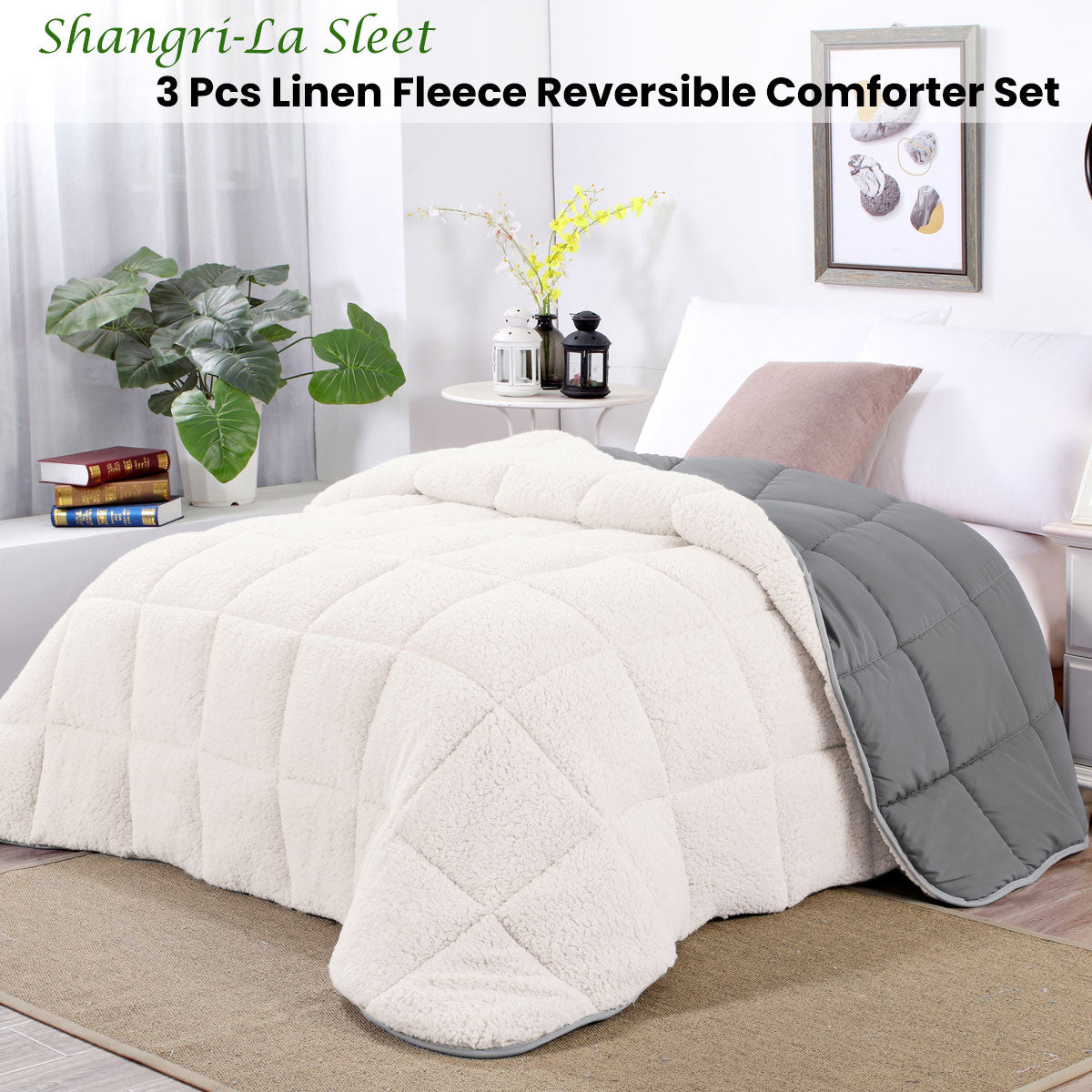 Shangri La Sleet Sherpa Fleece Reversible Comforter Set Queen - 3 Pcs, Cozy Microfiber - SuperSaverAU - view 2