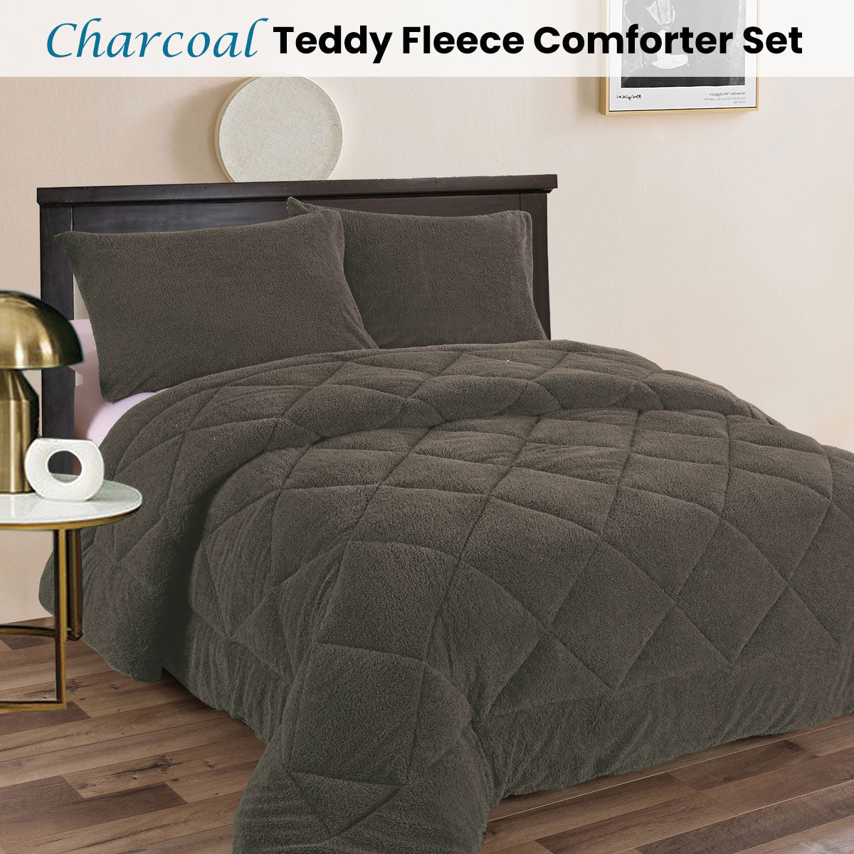Ramesses Teddy Fleece 3 Piece Comforter Set - Charcoal Queen