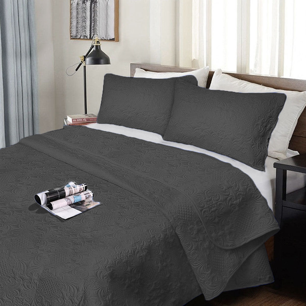 Ramesses Ultrasonic Comforter Set with Quilted Damask Design - Charcoal, Queen