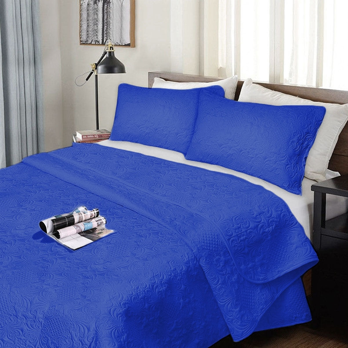 Ramesses Ultrasonic Comforter Set with Quilted Damask Design - Royal Blue, Queen