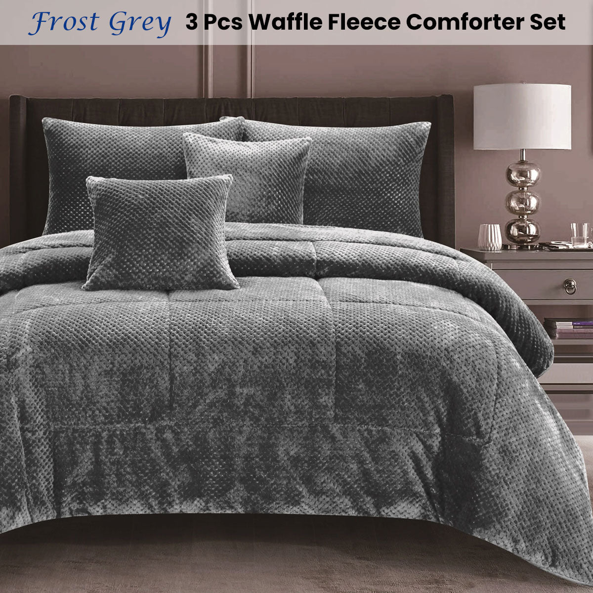 Ramesses Waffle Fleece Frost Grey 3 Pcs Comforter Set Queen - Warm & Cozy - SuperSaverAU - view 1