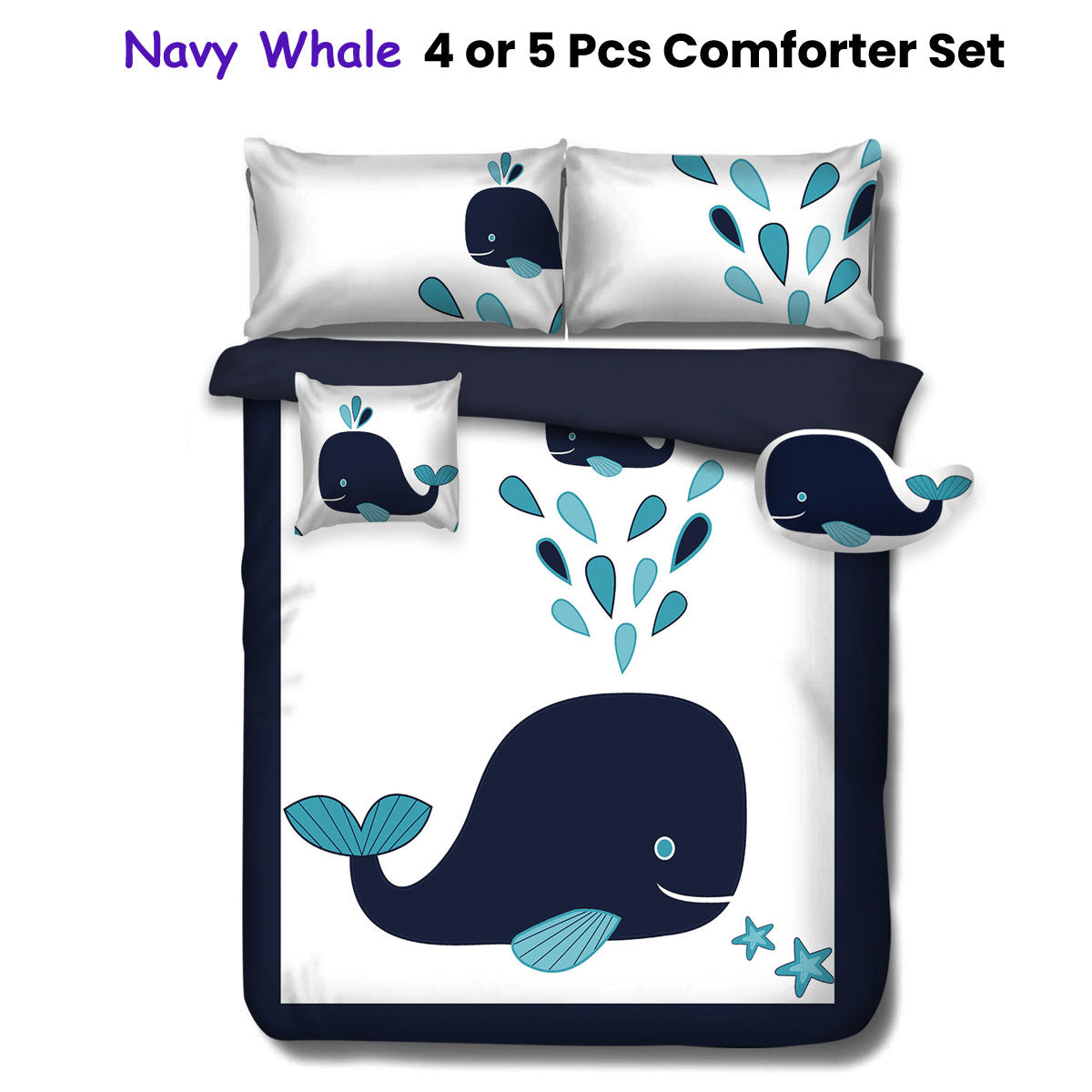 Ramesses Navy Whale Kids Adventure 4 Piece Comforter Set - Single