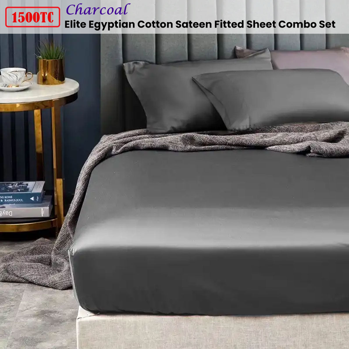 Ramesses 1500TC Egyptian Cotton Sateen Fitted Sheet Combo Set - Charcoal Mega King
