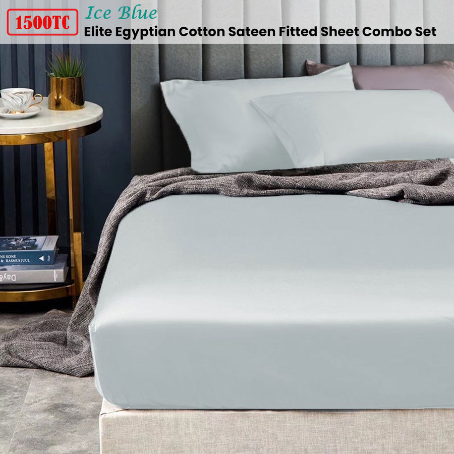 Ramesses 1500TC Elite Egyptian Cotton Sateen Fitted Sheet Combo Set Ice Blue Double - SuperSaverAU - view 1