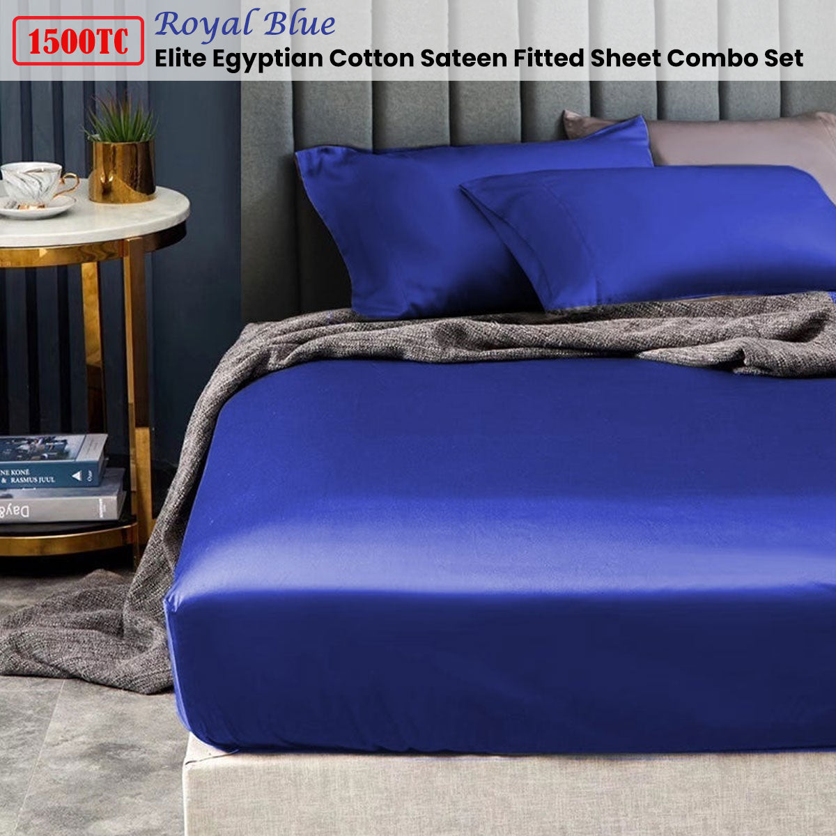 Ramesses 1500TC Egyptian Cotton Sateen Fitted Sheet Combo Set - Royal Blue Mega King