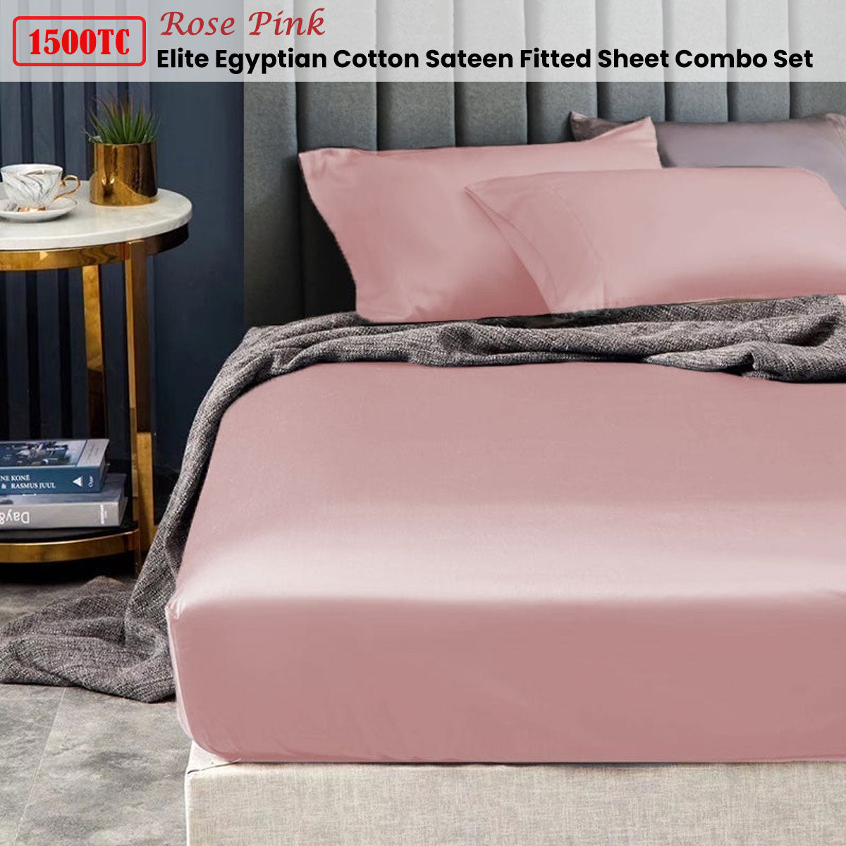 Ramesses 1500TC Egyptian Cotton Sateen Fitted Sheet Combo Set - Rose Pink Single