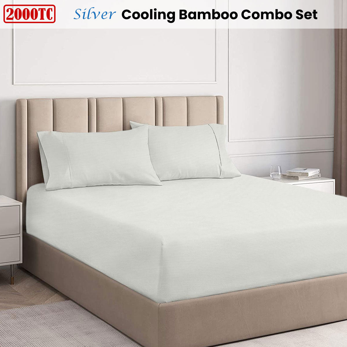 Ramesses Cooling Bamboo Fitted Sheet & Pillowcase Set 2000TC - Silver, King