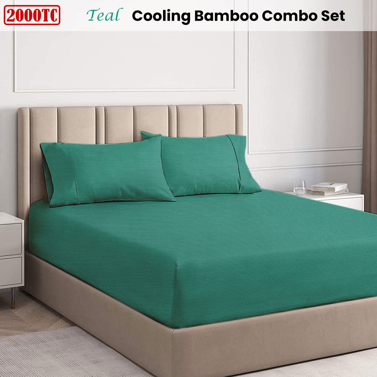 Ramesses Cooling Bamboo Fitted Sheet & Pillowcase Set 2000TC - Teal, Single