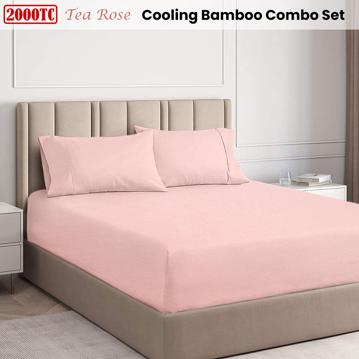 Ramesses Cooling Bamboo Fitted Sheet & Pillowcase Set 2000TC - Tea Rose, King