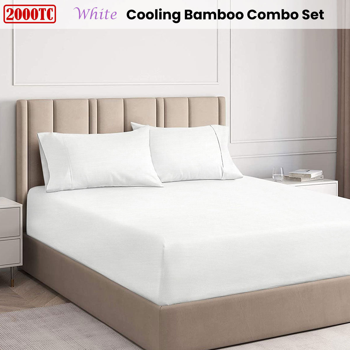 Ramesses Cooling Bamboo Fitted Sheet & Pillowcase Set 2000TC - White, King