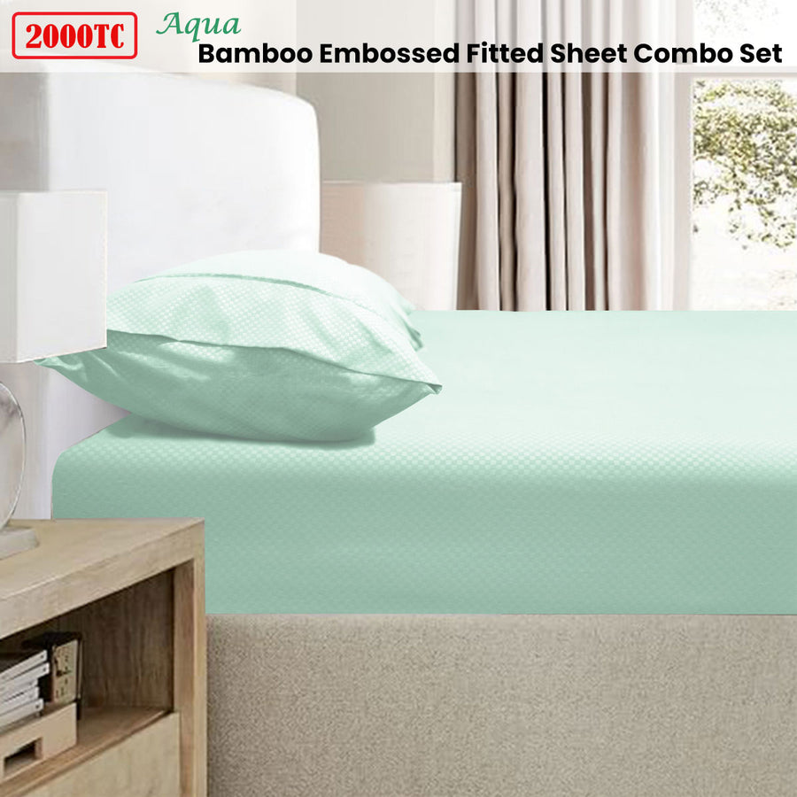 Ramesses 2000TC Bamboo Blend Embossed Fitted Sheet Combo Set Aqua King Single - SuperSaverAU - view 1