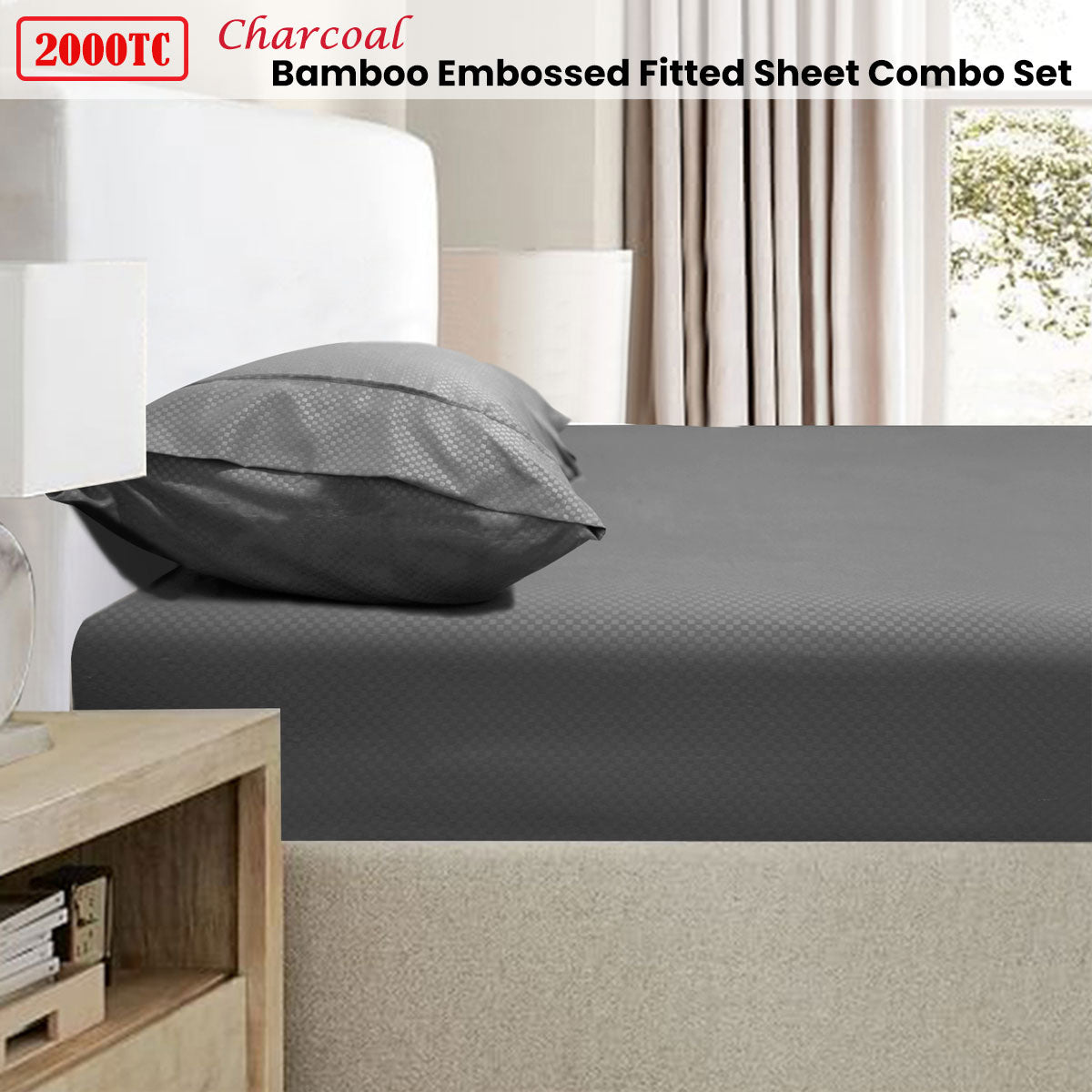 Ramesses 2000TC Bamboo Blend Embossed Fitted Sheet Combo Set - Charcoal King