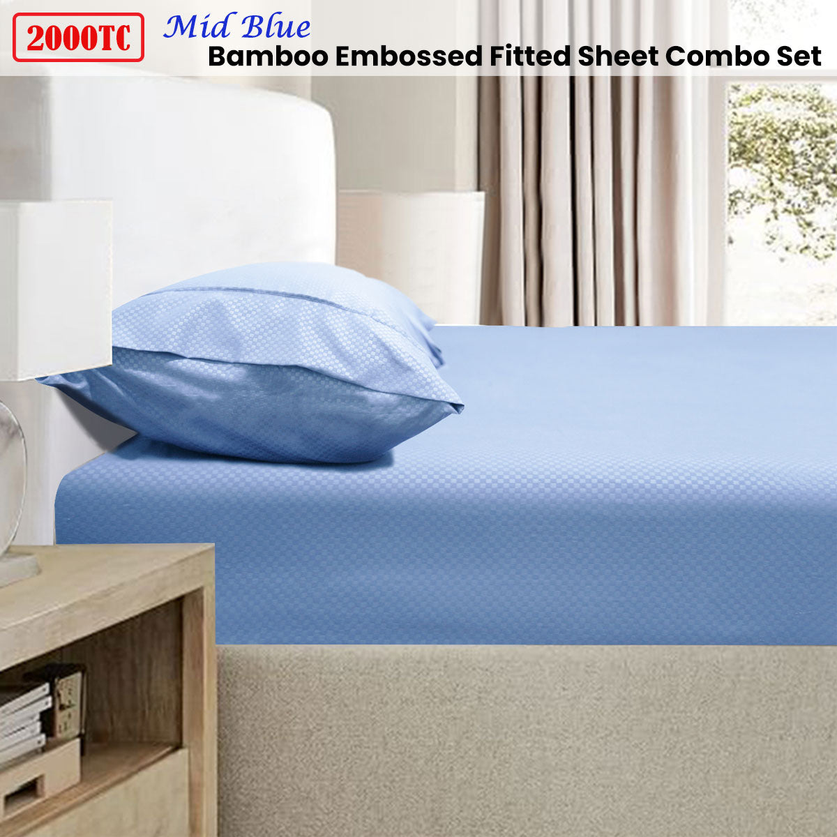 Ramesses 2000TC Bamboo Blend Embossed Fitted Sheet Combo Set - Mid Blue Single