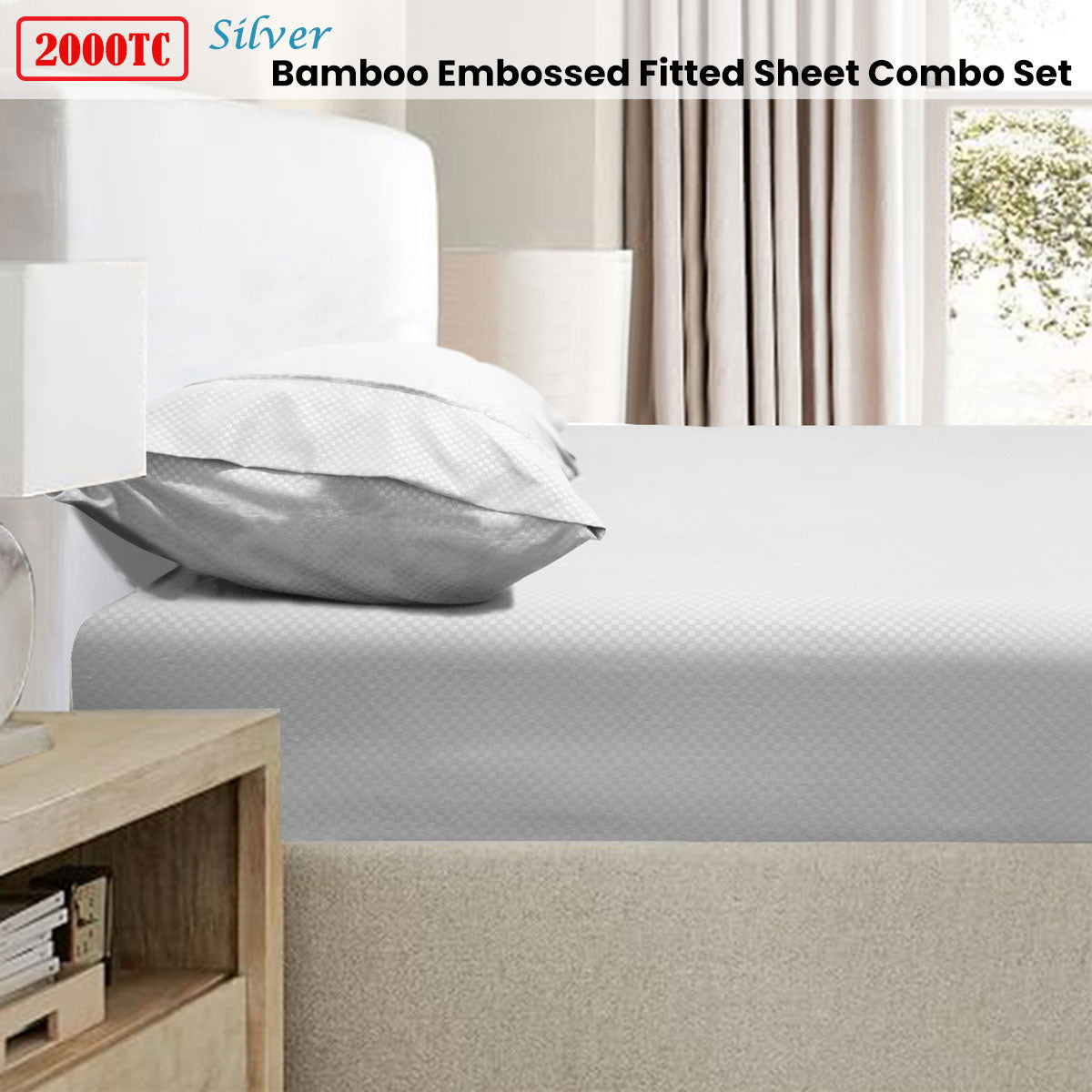Ramesses 2000TC Bamboo Blend Embossed Fitted Sheet Combo Set Silver King - SuperSaverAU - view 2