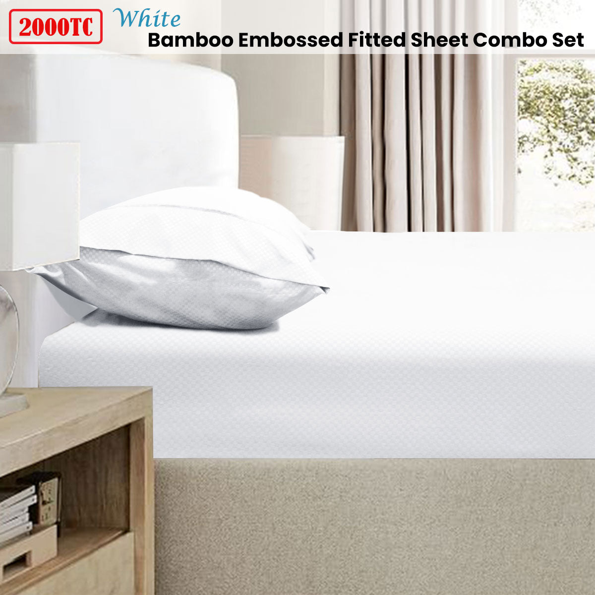Ramesses 2000TC Bamboo Blend Embossed Fitted Sheet Combo Set - White Single