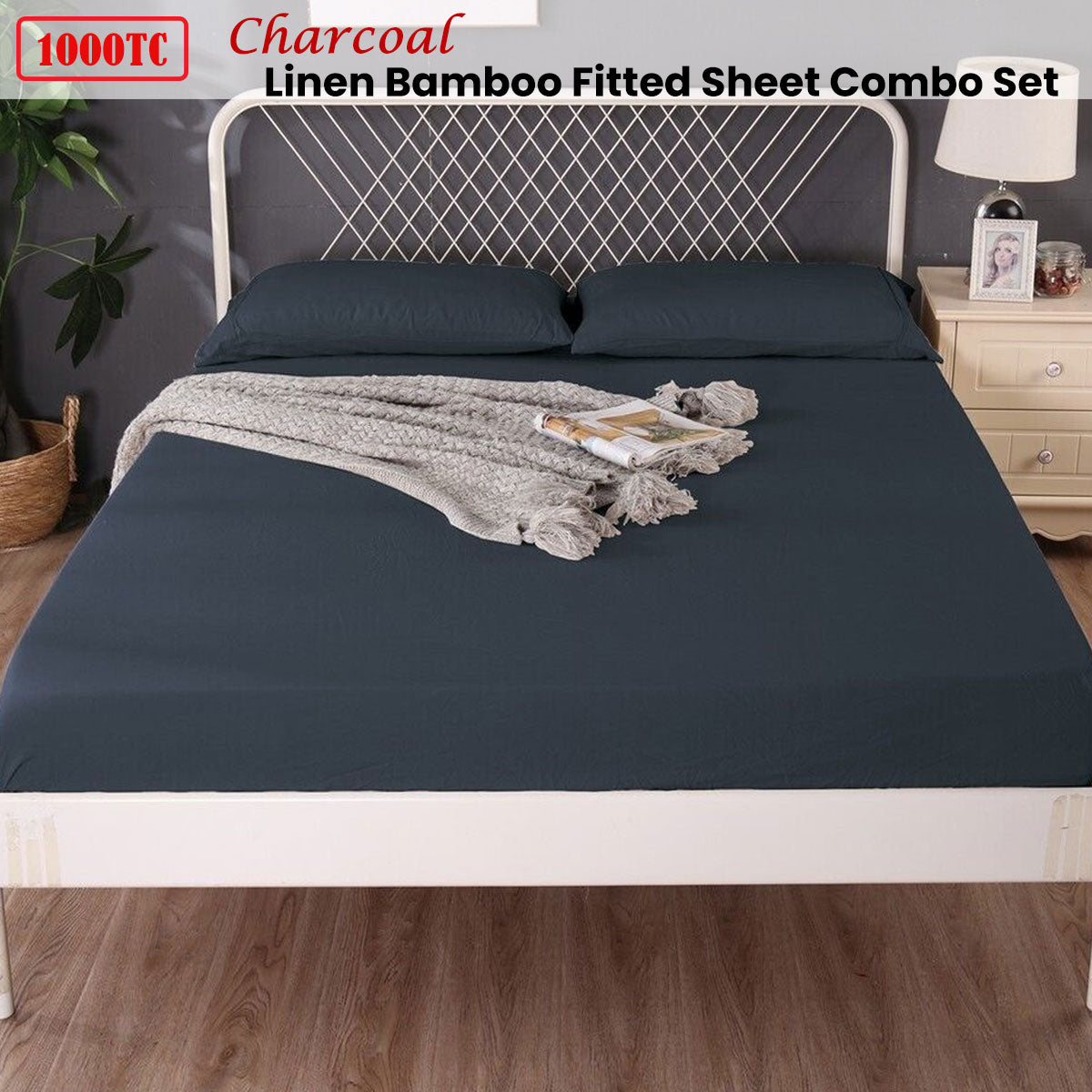 Ramesses 1000TC Bamboo Linen Blend Fitted Sheet Combo Set Charcoal Single