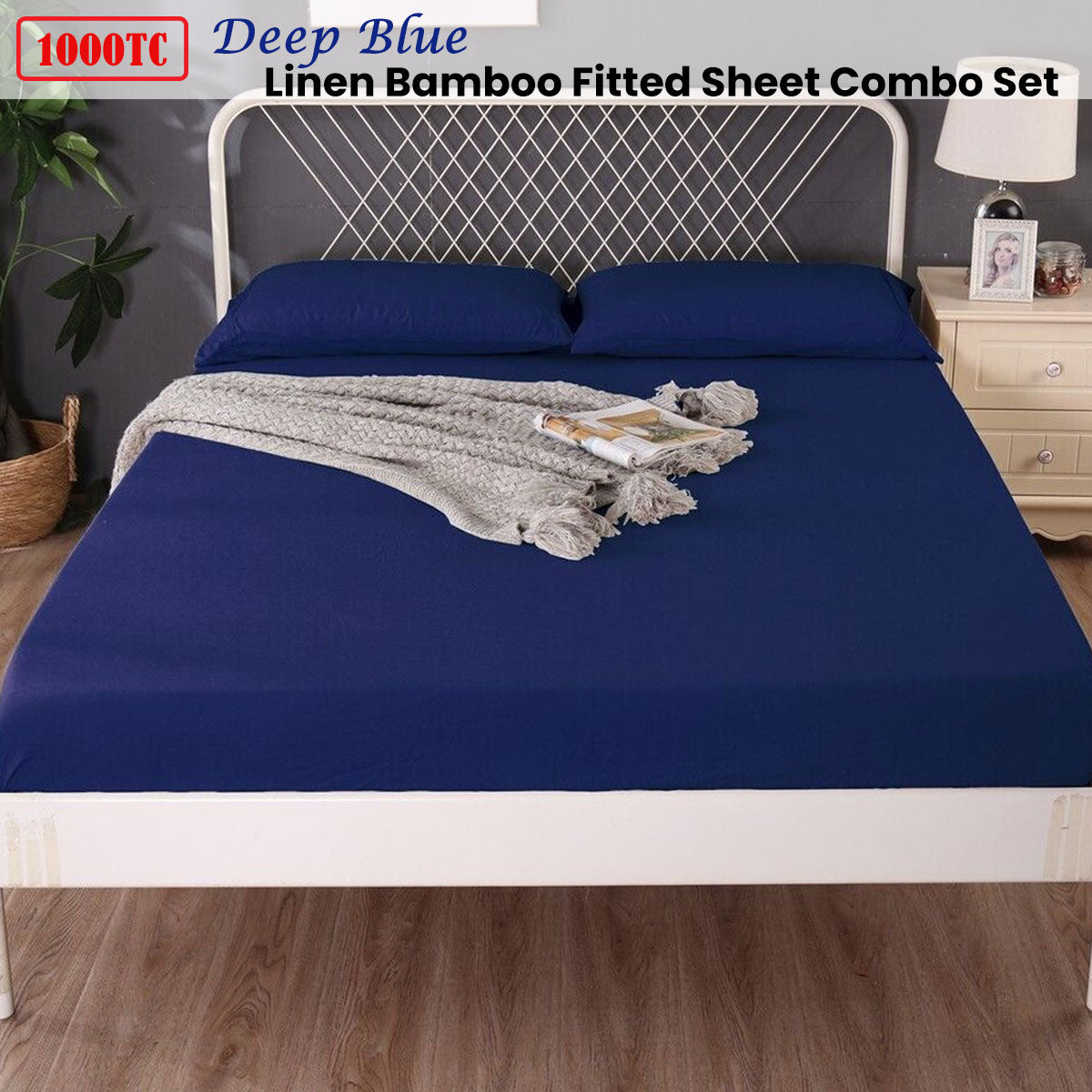 Ramesses 1000TC Linen Bamboo Fitted Sheet Combo Set - Deep Blue Queen