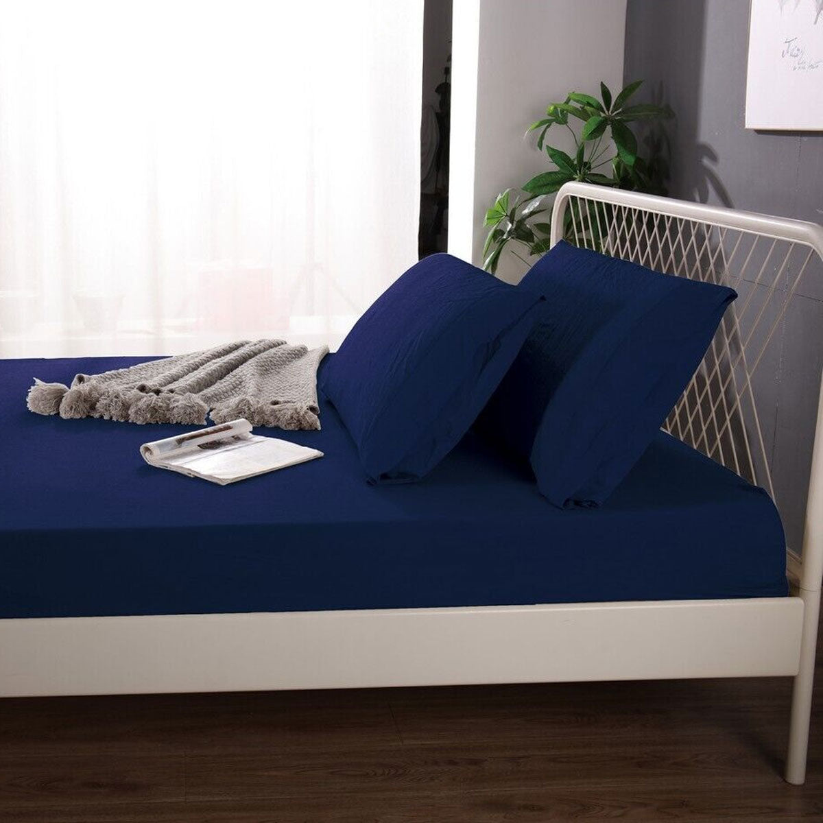 Ramesses 1000TC Linen Bamboo Fitted Sheet Combo Set - Deep Blue Queen