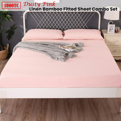 Ramesses 1000TC Bamboo Linen Blend Fitted Sheet Combo Set Dusty Pink Single