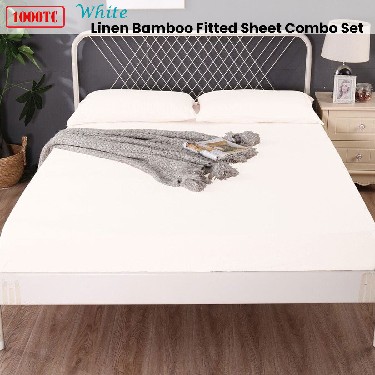 Ramesses 1000TC Linen Bamboo Fitted Sheet Combo Set - White King