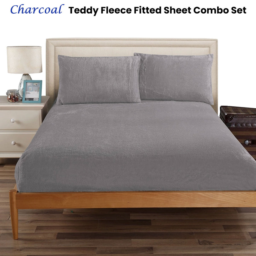 Ramesses Teddy Fleece Fitted Sheet Combo Set Charcoal Double - Soft, Easy Care - SuperSaverAU - view 1