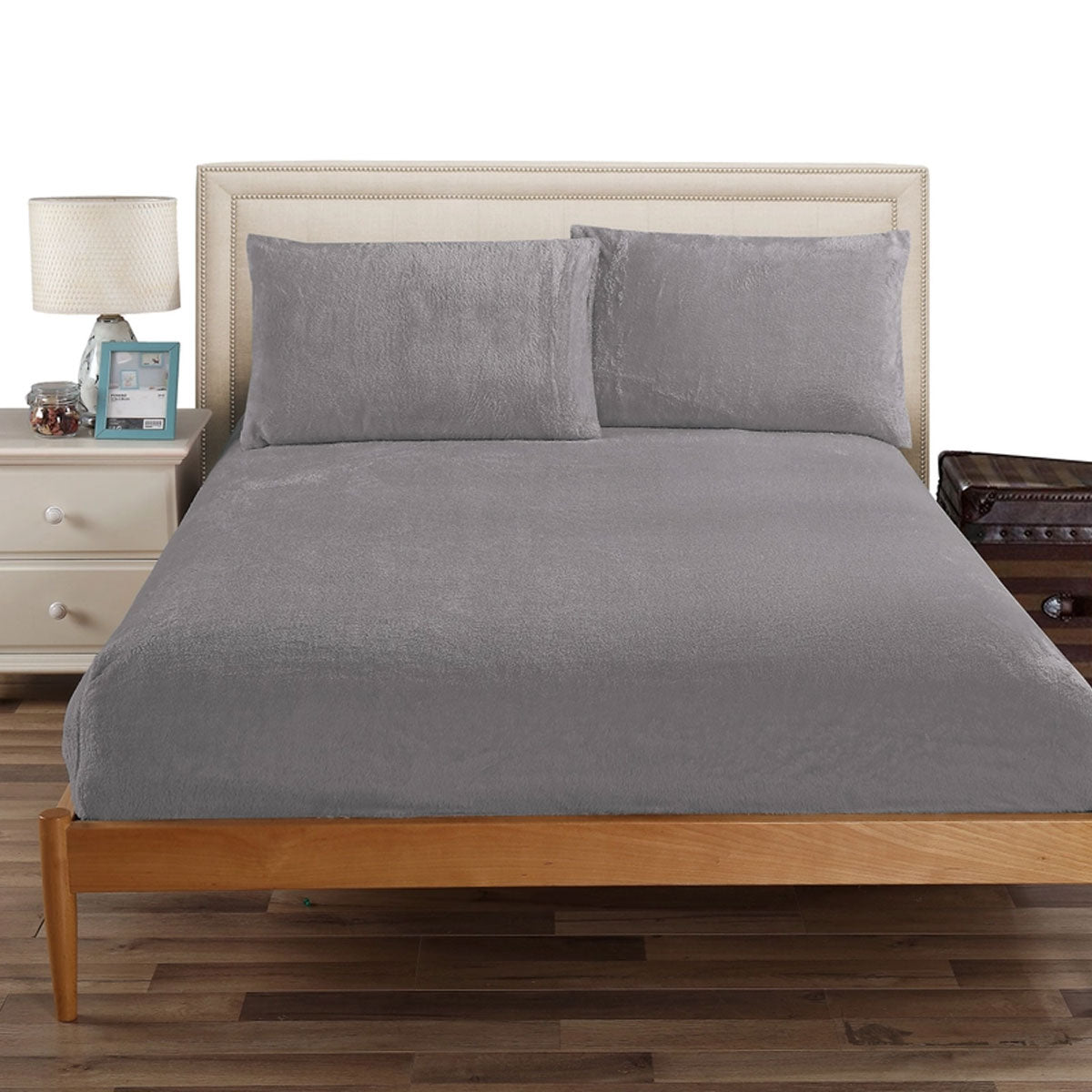 Ramesses Teddy Fleece Fitted Sheet Combo Set Charcoal Queen - Soft, Warm, Easy Care - SuperSaverAU - view 1