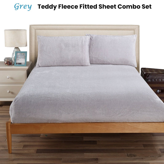 Ramesses Teddy Fleece Fitted Sheet Combo Set Grey King - Soft, Warm, Easy Care