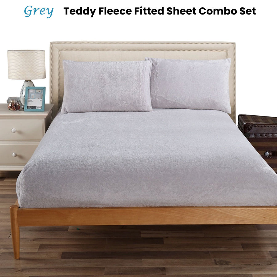 Ramesses Teddy Fleece Fitted Sheet Combo Set Grey King - Soft, Warm, Easy Care - SuperSaverAU - view 1