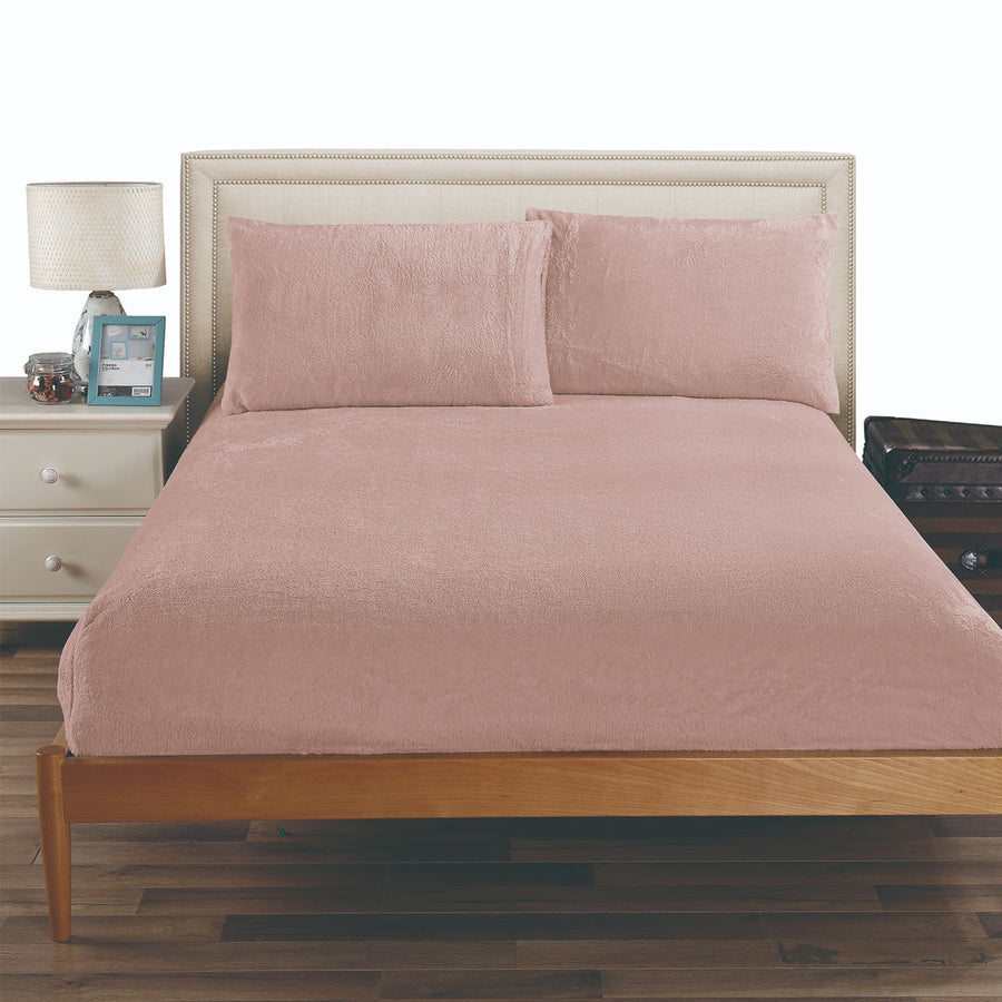 Ramesses Teddy Fleece Fitted Sheet Combo Set Rose Pink Queen - Soft, Cozy, Easy Care - SuperSaverAU - view 1