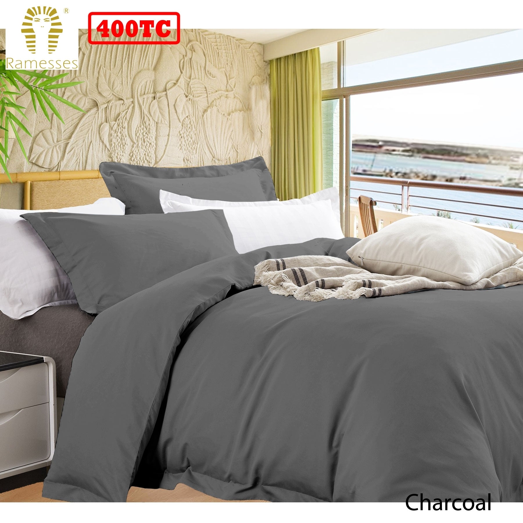 Ramesses Bamboo Cotton Quilt Cover Set Charcoal Queen - 400TC, Solid Colour Design - SuperSaverAU - view 1