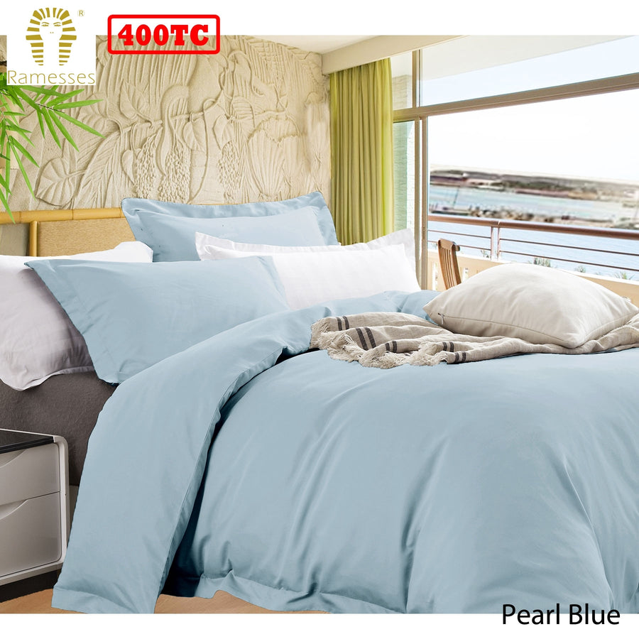 Ramesses Bamboo Cotton Quilt Cover Set Pearl Blue Queen - 400TC, Solid Colour Design - SuperSaverAU - view 1