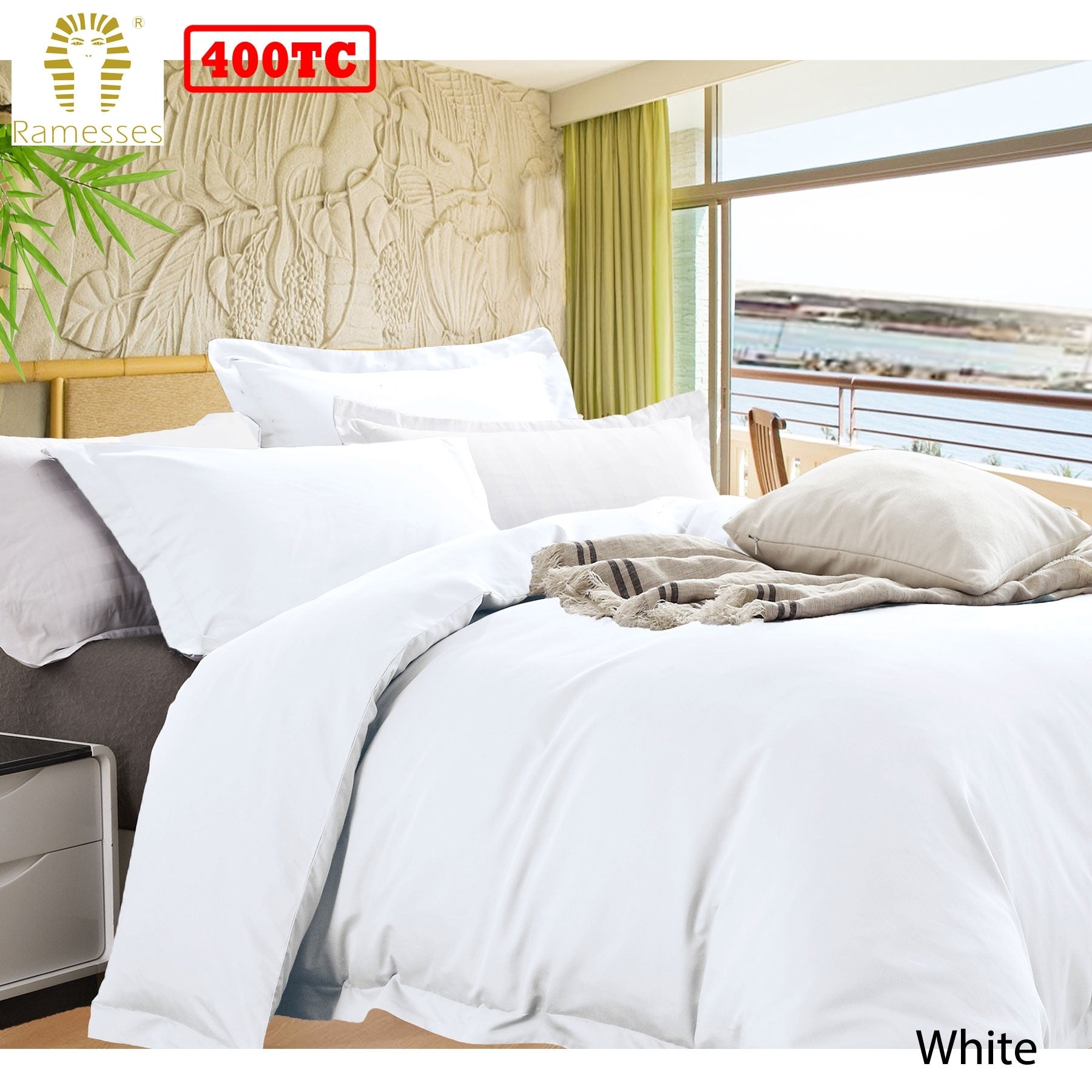 Ramesses Bamboo Cotton Quilt Cover Set White Queen - 400TC, Solid Colour Design - SuperSaverAU - view 1