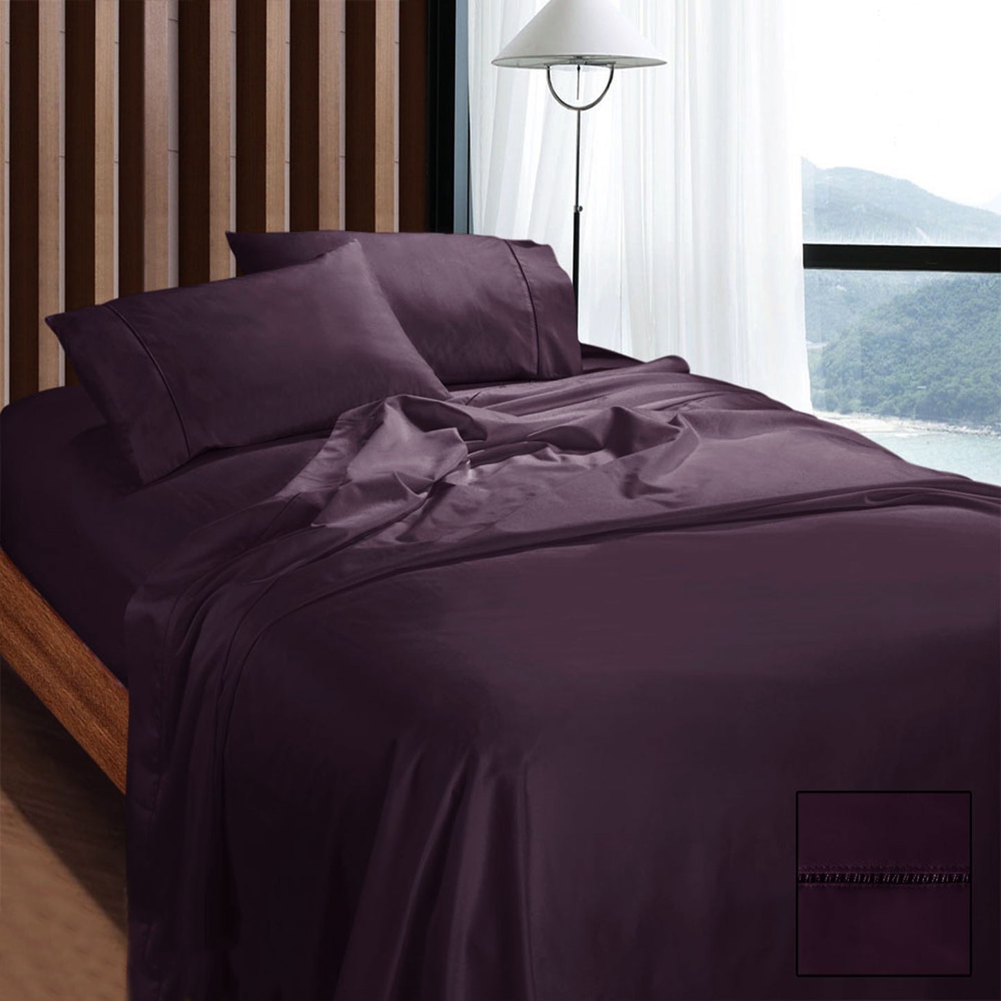 Ramesses 1100TC Egyptian Cotton Sateen Sheet Set Queen - Eggplant, Breathable, Luxurious