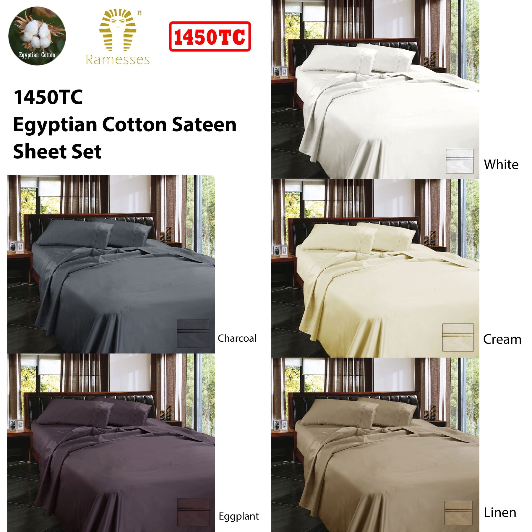Ramesses Egyptian Cotton Sateen Sheet Set 1450TC Cream Queen - SuperSaverAU - view 1
