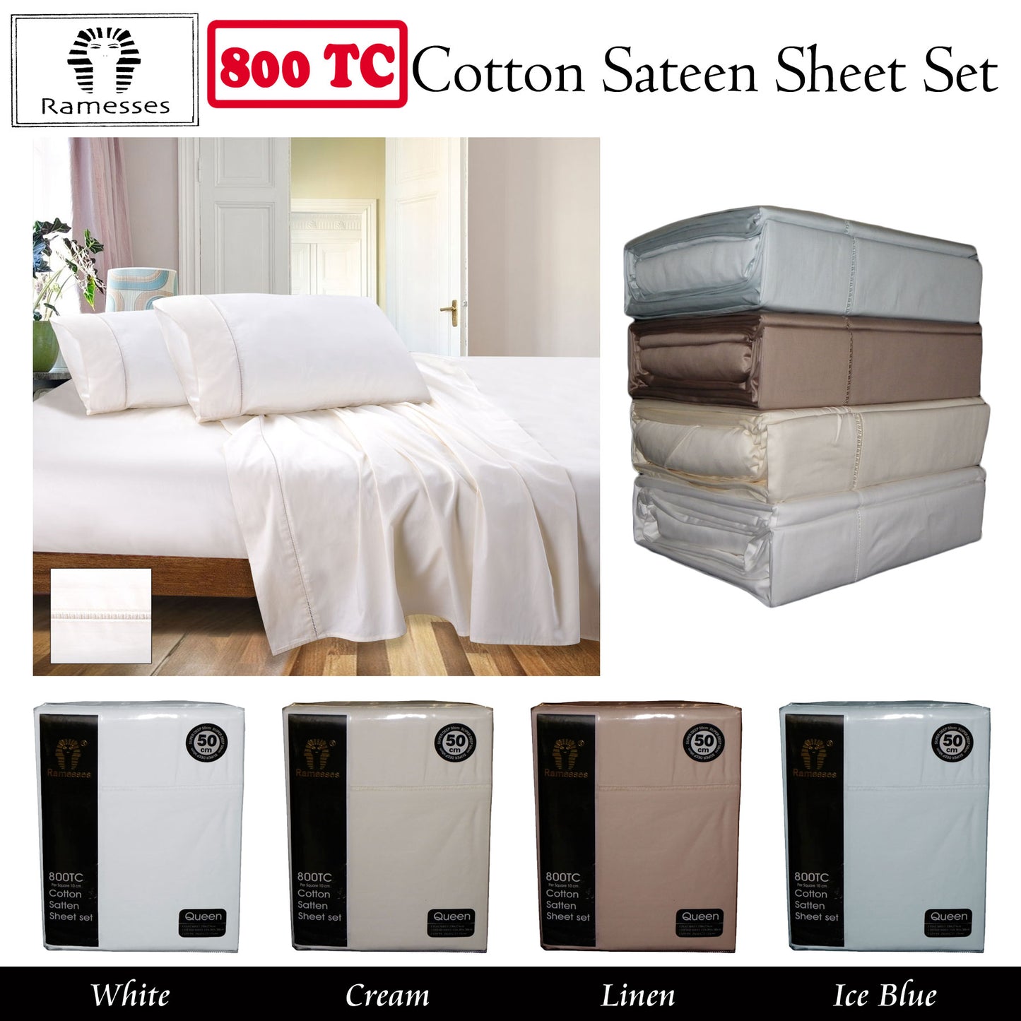 Ramesses Cotton Sateen Sheet Set 800TC Linen King - Oeko-Tex, 50cm Wall