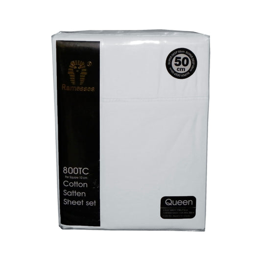 Ramesses 800TC Cotton Sateen Sheet Set White King - Oeko-Tex, Elasticised Fitted