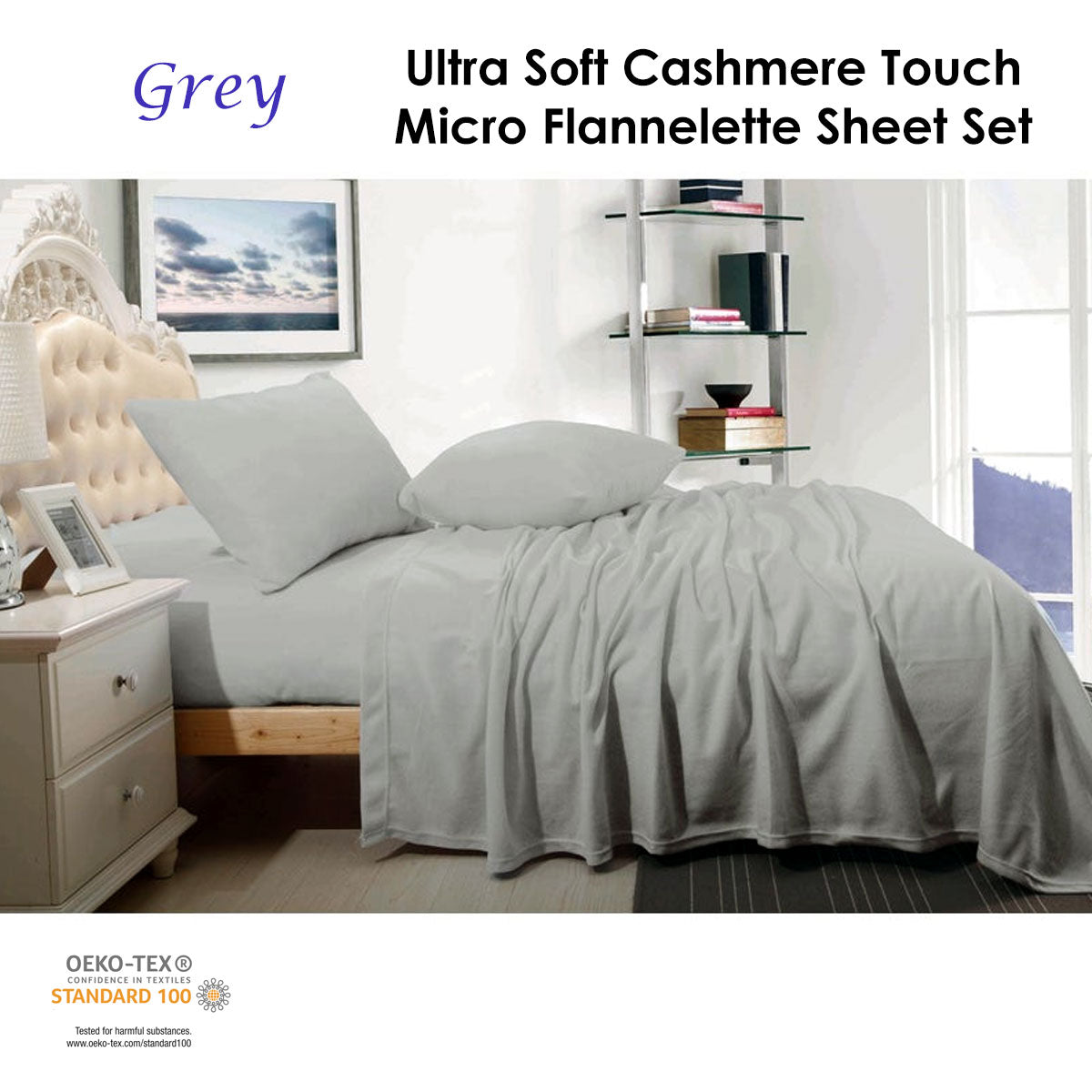 Shangri La Cashmere Touch Micro Flannelette Sheet Set – Grey Single