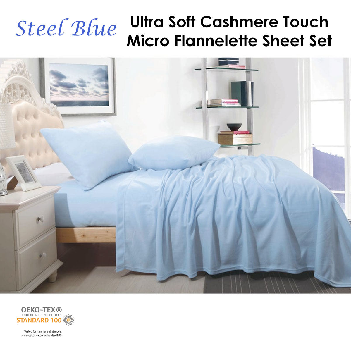 Shangri La Cashmere Touch Micro Flannelette Sheet Set – Steel Blue Queen