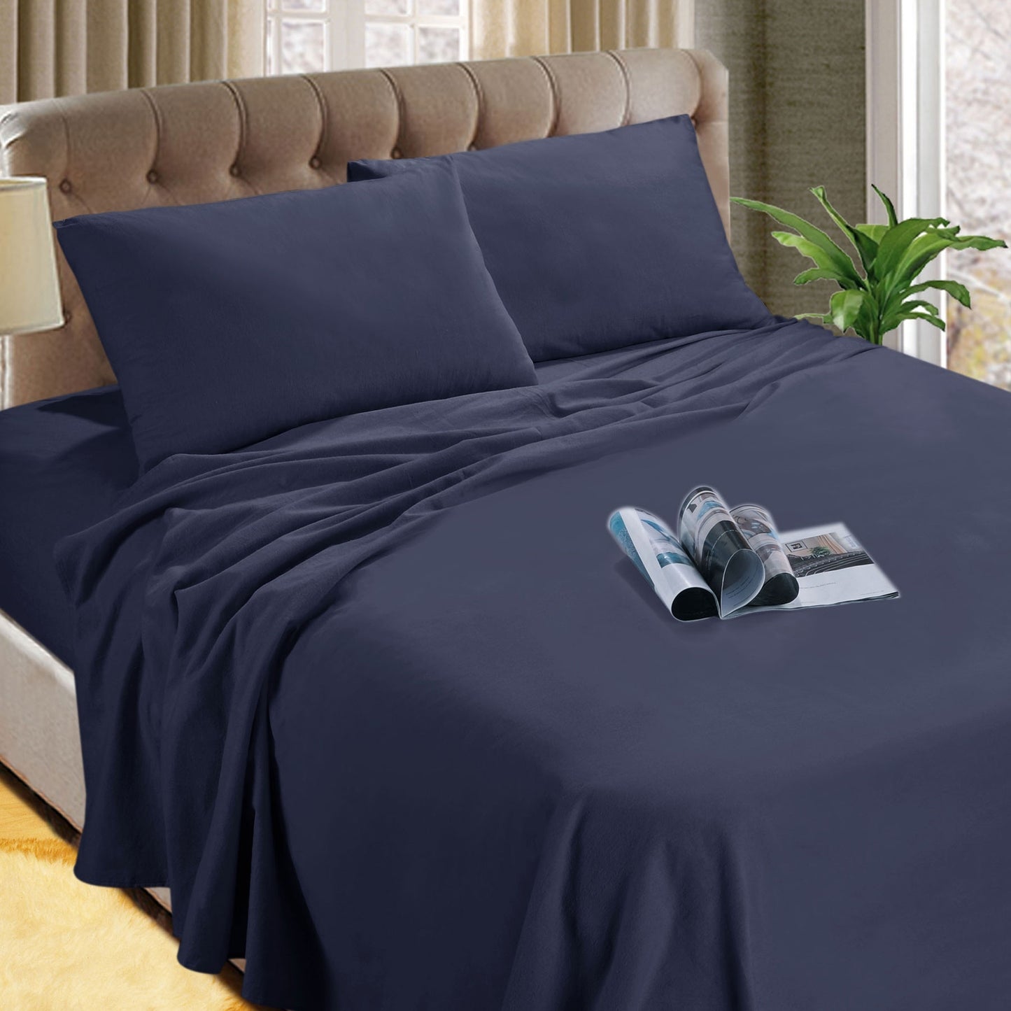 Kingtex Micro Flannelette Sheet Set 140GSM Denim Double 40cm Wall