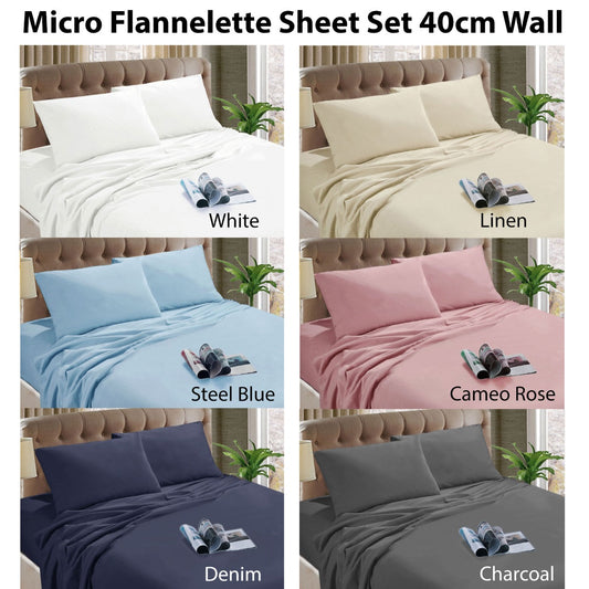 Kingtex Micro Flannelette Sheet Set 140GSM Denim Single 40cm Wall